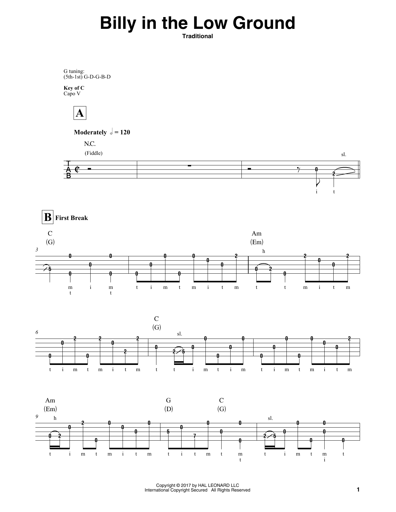 Traditional Billy In The Low Ground sheet music notes and chords arranged for Banjo Tab