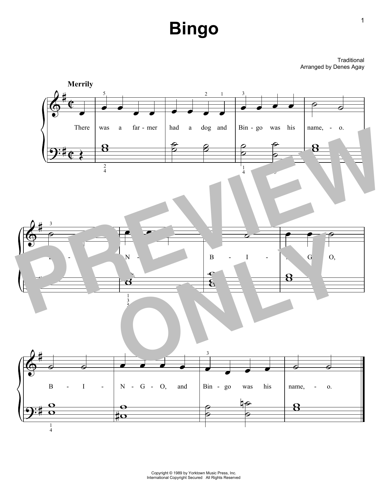 Traditional Bingo (arr. Denes Agay) sheet music notes and chords arranged for Easy Piano