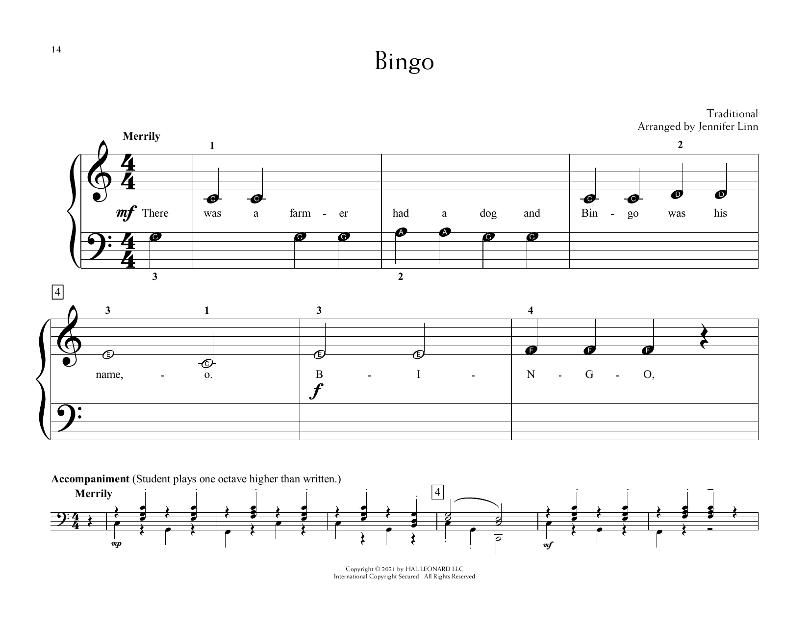 Traditional Bingo (arr. Jennifer Linn) sheet music notes and chords arranged for Educational Piano
