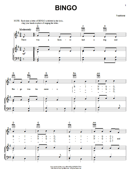 Traditional Bingo sheet music notes and chords arranged for Ukulele