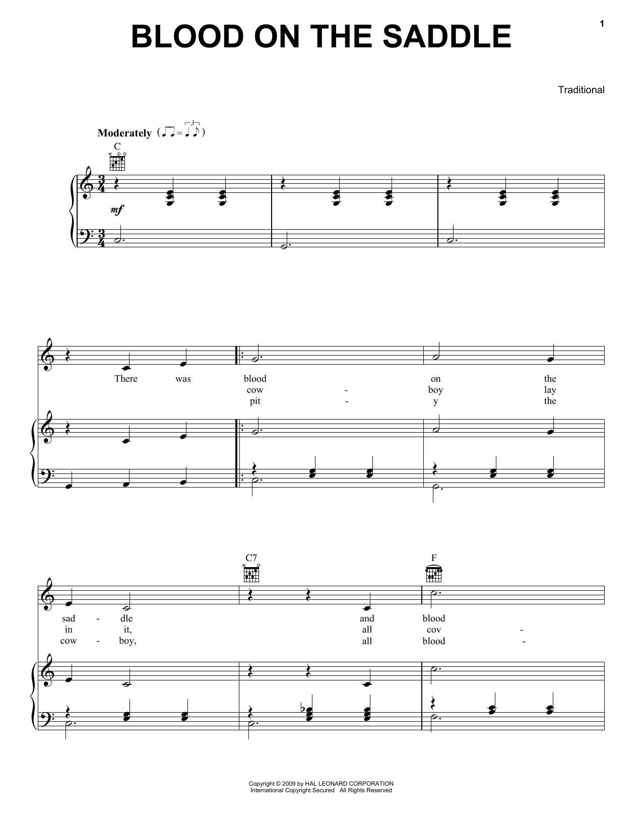 Traditional Blood On The Saddle sheet music notes and chords arranged for Piano, Vocal & Guitar Chords (Right-Hand Melody)