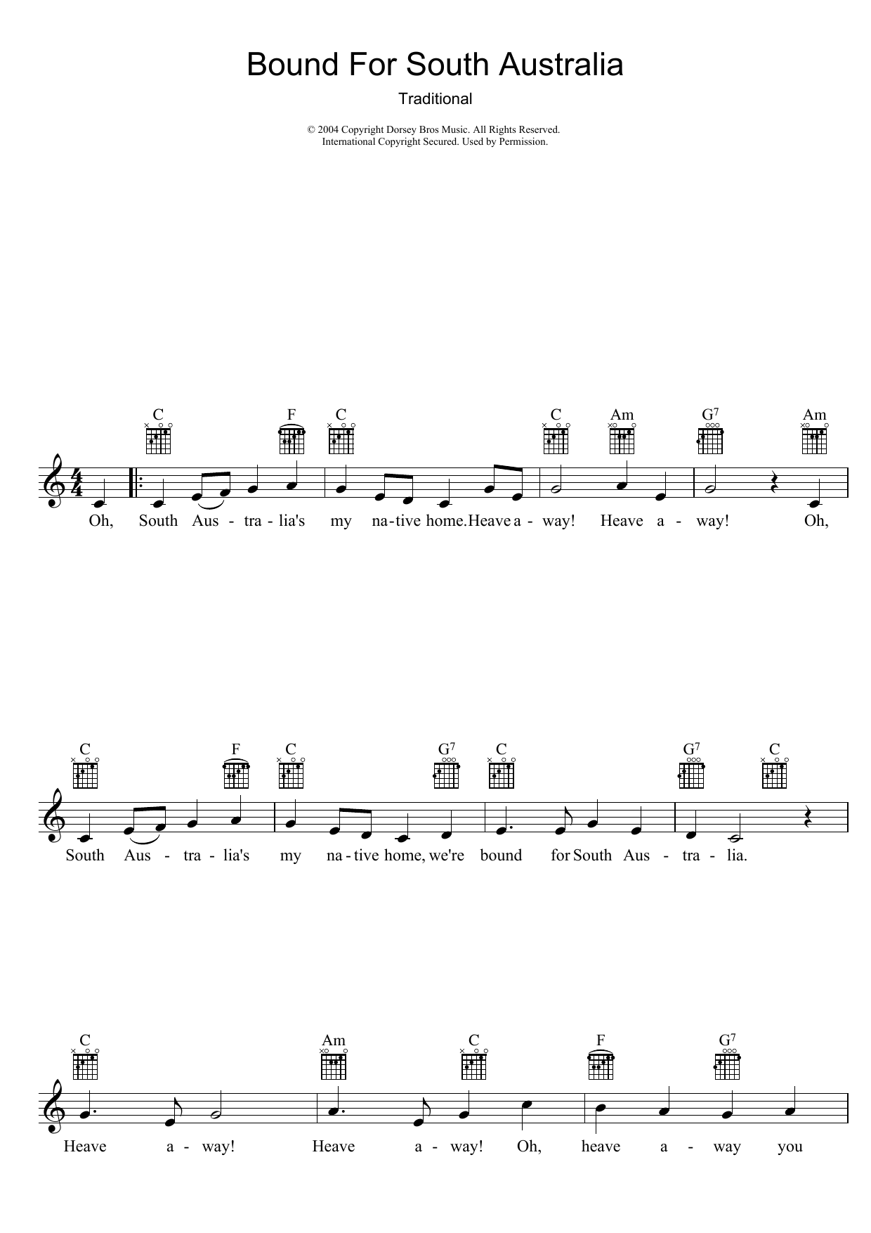 Traditional Bound For South Australia sheet music notes and chords arranged for Lead Sheet / Fake Book