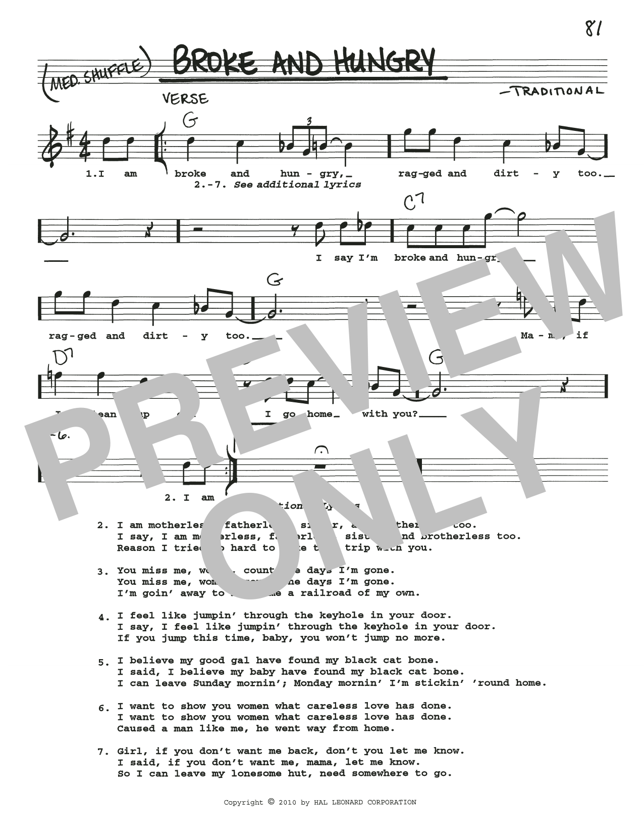 Traditional Broke And Hungry sheet music notes and chords arranged for Real Book – Melody, Lyrics & Chords