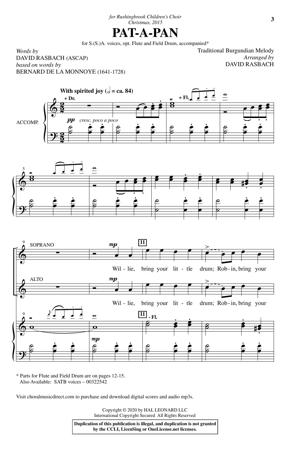 Traditional Burgundian Melody Pat-A-Pan (arr. David Rasbach) sheet music notes and chords arranged for SSA Choir