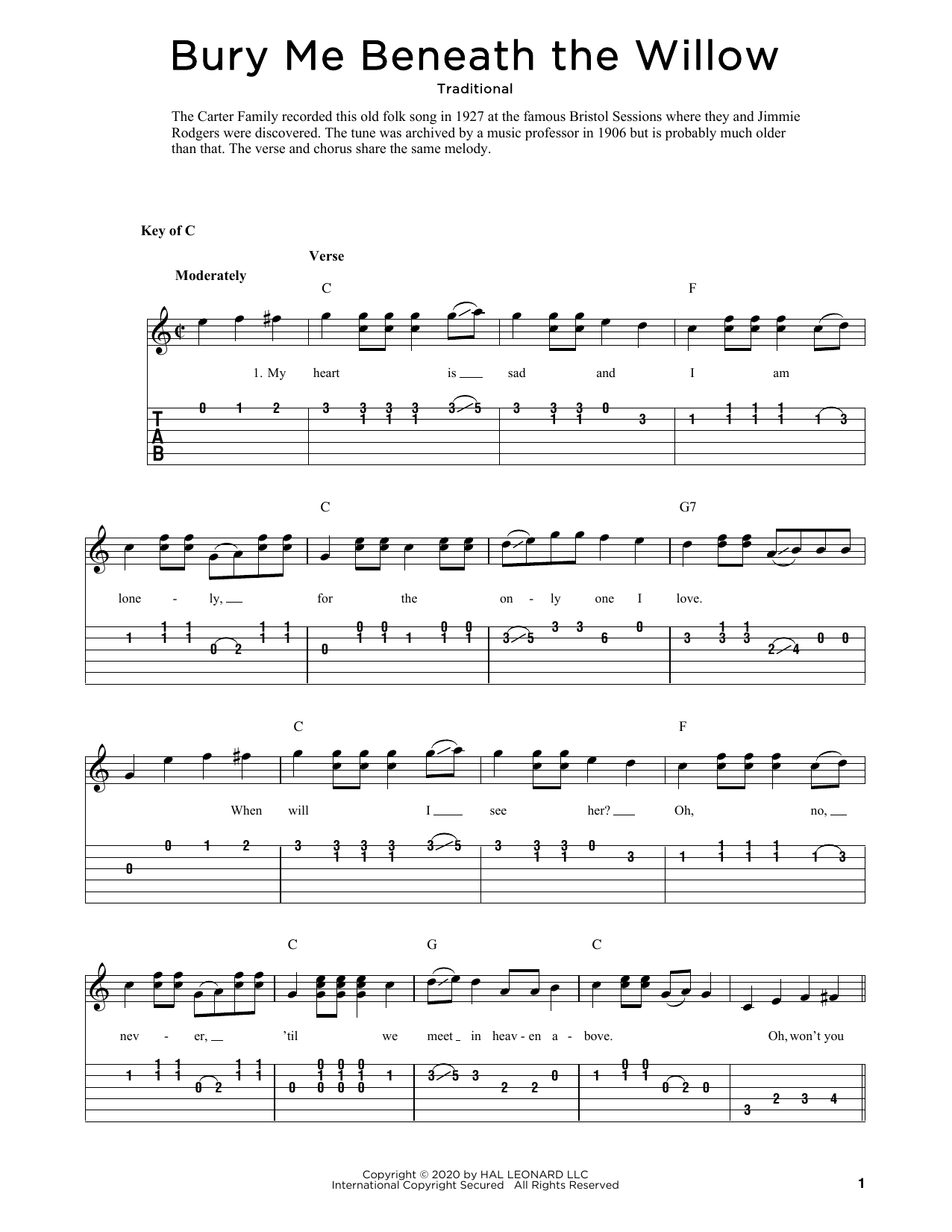 Traditional Bury Me Beneath The Willow (arr. Fred Sokolow) sheet music notes and chords arranged for Solo Guitar