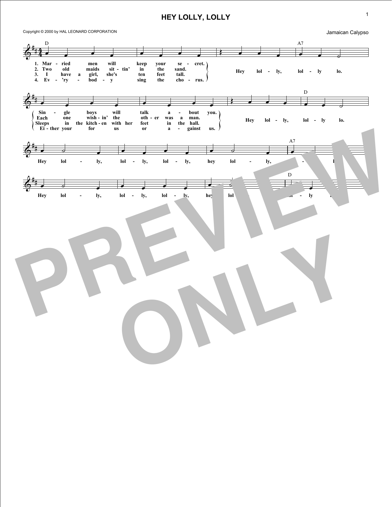 Traditional Calypso Song Hey Lolly, Lolly sheet music notes and chords arranged for Lead Sheet / Fake Book