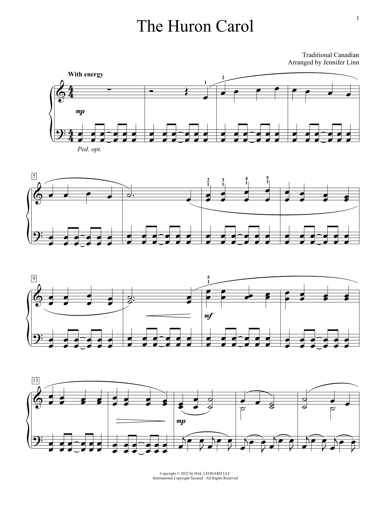 Traditional Canadian The Huron Carol (arr. Jennifer Linn) sheet music notes and chords arranged for Educational Piano