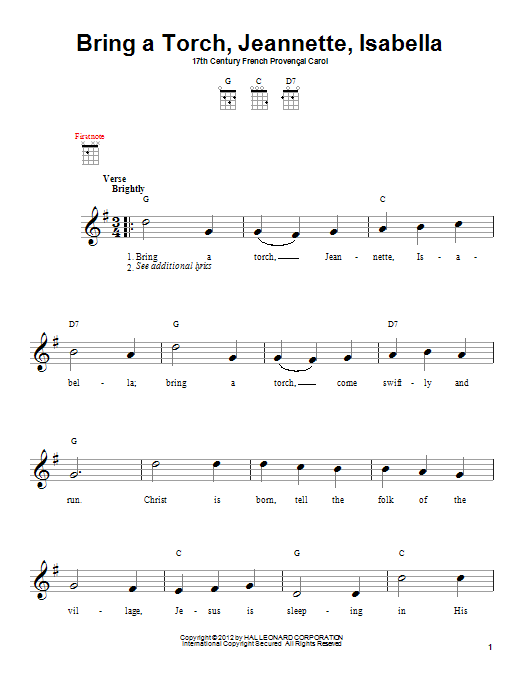 Traditional Carol Bring A Torch, Jeannette, Isabella sheet music notes and chords arranged for Easy Piano