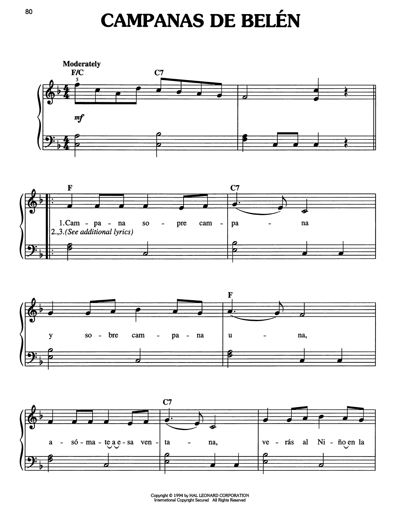 Traditional Carol Campanas De Belen sheet music notes and chords arranged for Easy Piano
