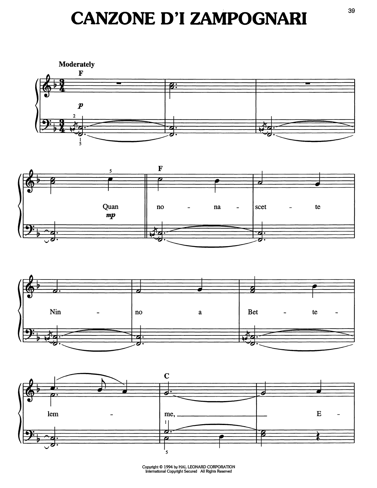 Traditional Carol Canzone d'i Zampognari sheet music notes and chords arranged for Easy Piano