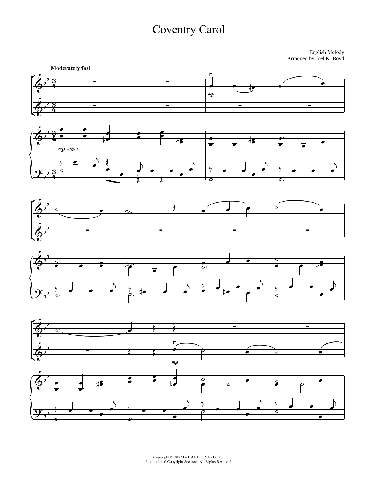 Traditional Carol Coventry Carol (for Violin Duet and Piano) sheet music notes and chords arranged for Violin and Piano