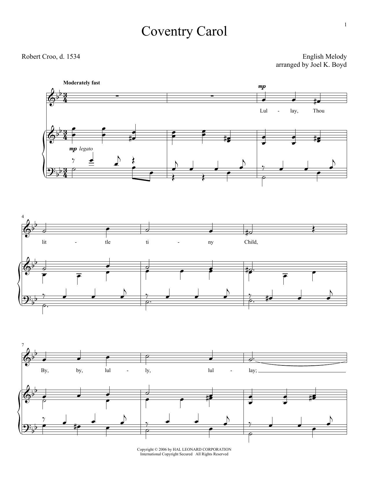 Traditional Carol Coventry Carol sheet music notes and chords arranged for Piano Solo