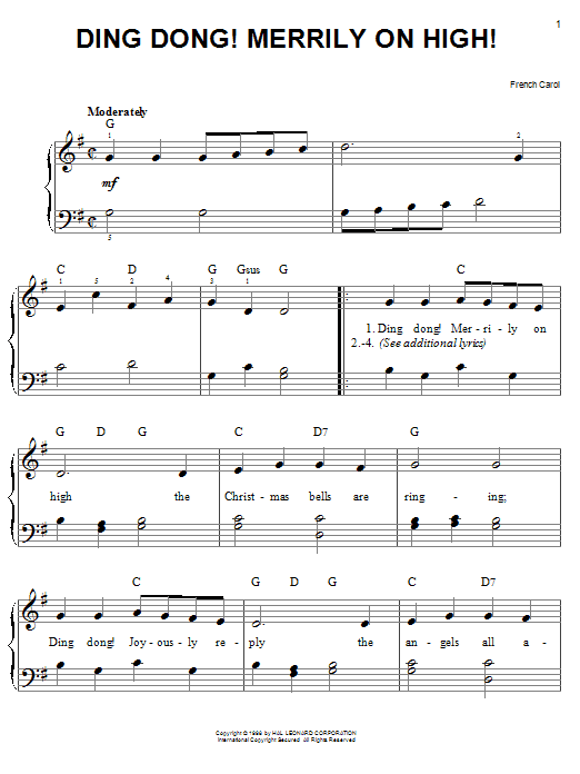 Traditional Carol Ding Dong! Merrily On High! sheet music notes and chords arranged for Easy Piano