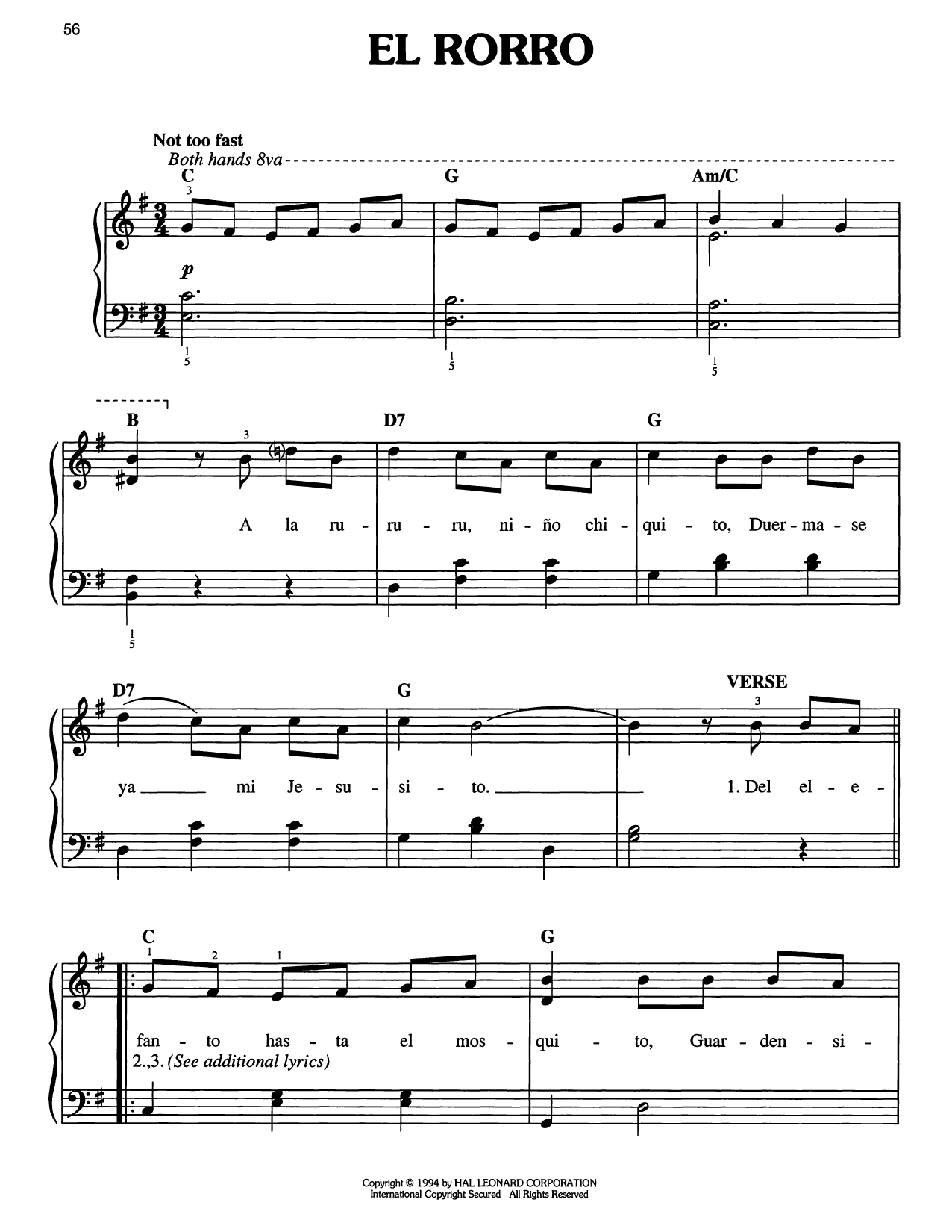 Traditional Carol El Rorro sheet music notes and chords arranged for Easy Piano