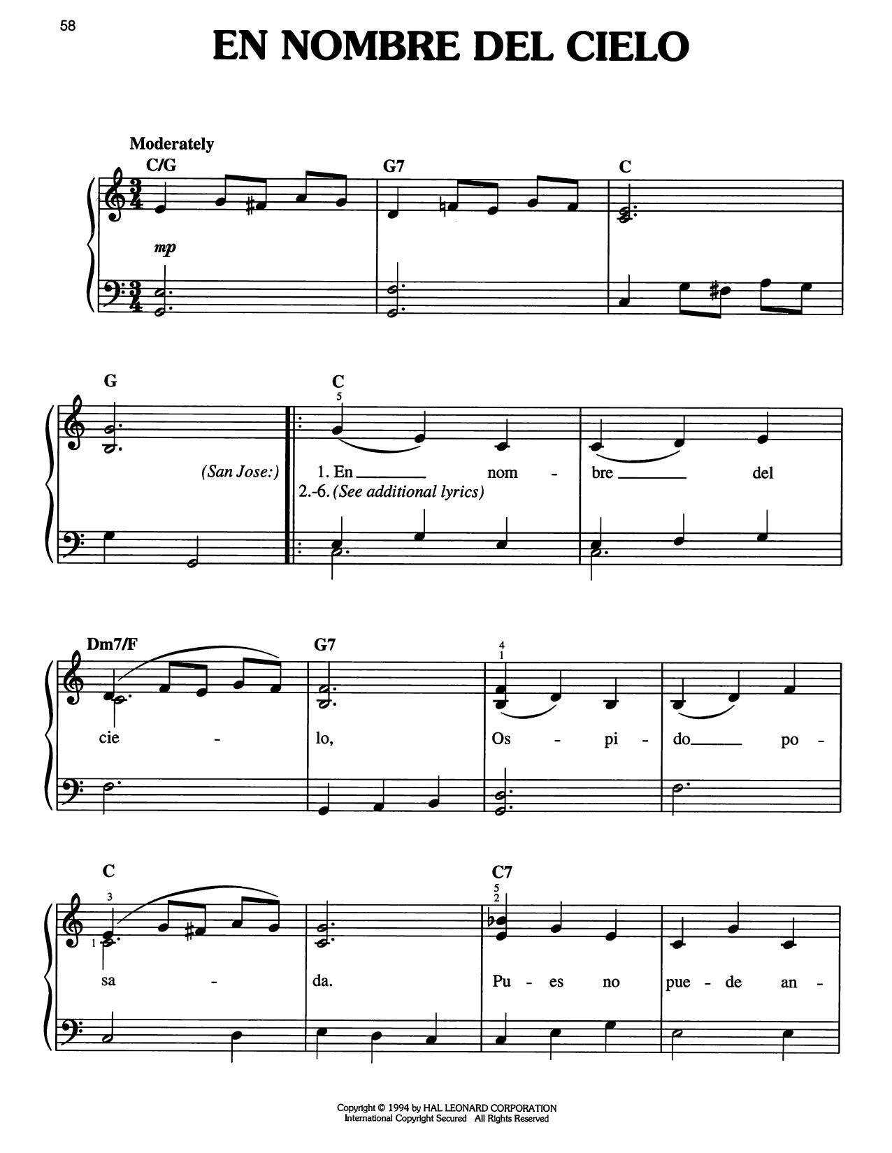 Traditional Carol En Nombre del Cielo sheet music notes and chords arranged for Easy Piano