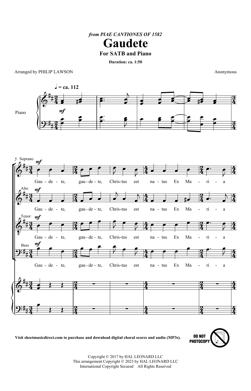 Traditional Carol Gaudete (arr. Philip Lawson) sheet music notes and chords arranged for SATB Choir