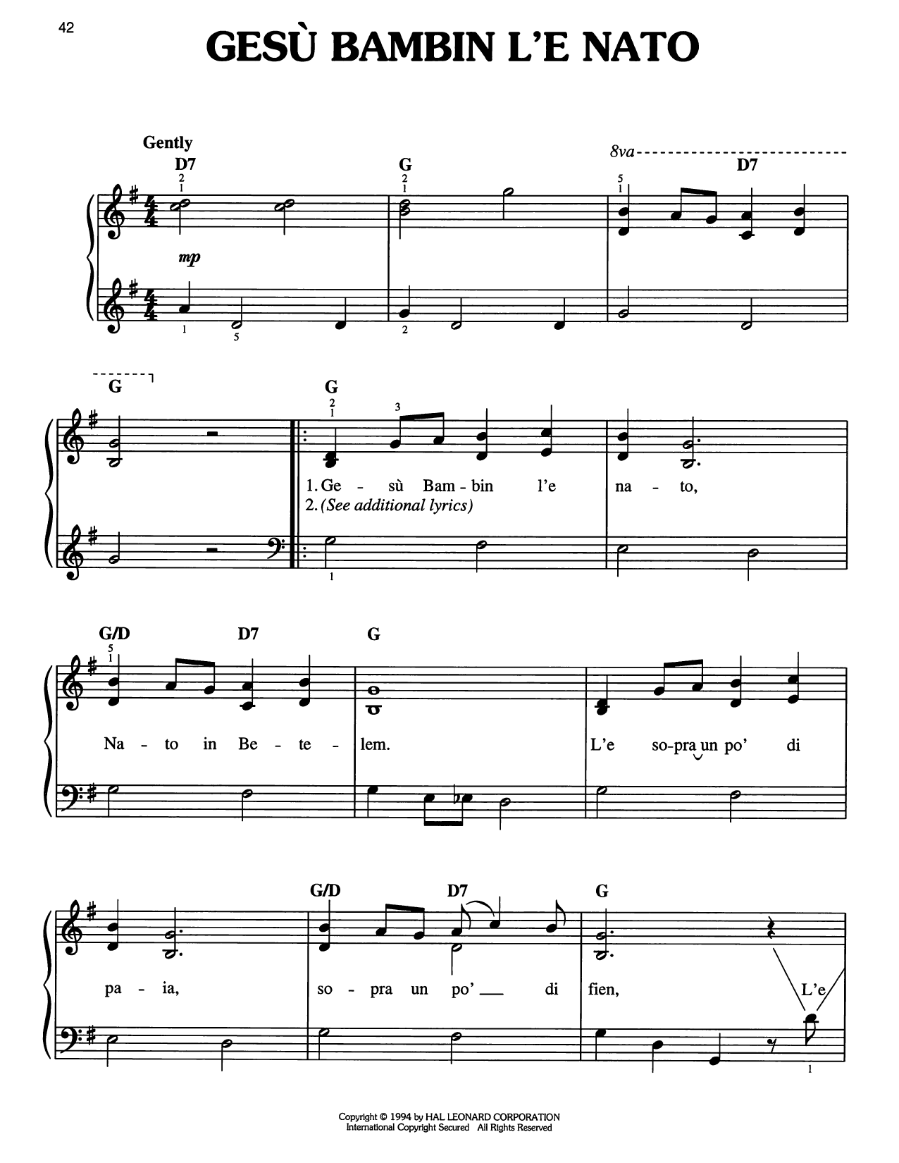 Traditional Carol Gesu Bambin L'e Nato sheet music notes and chords arranged for Easy Piano