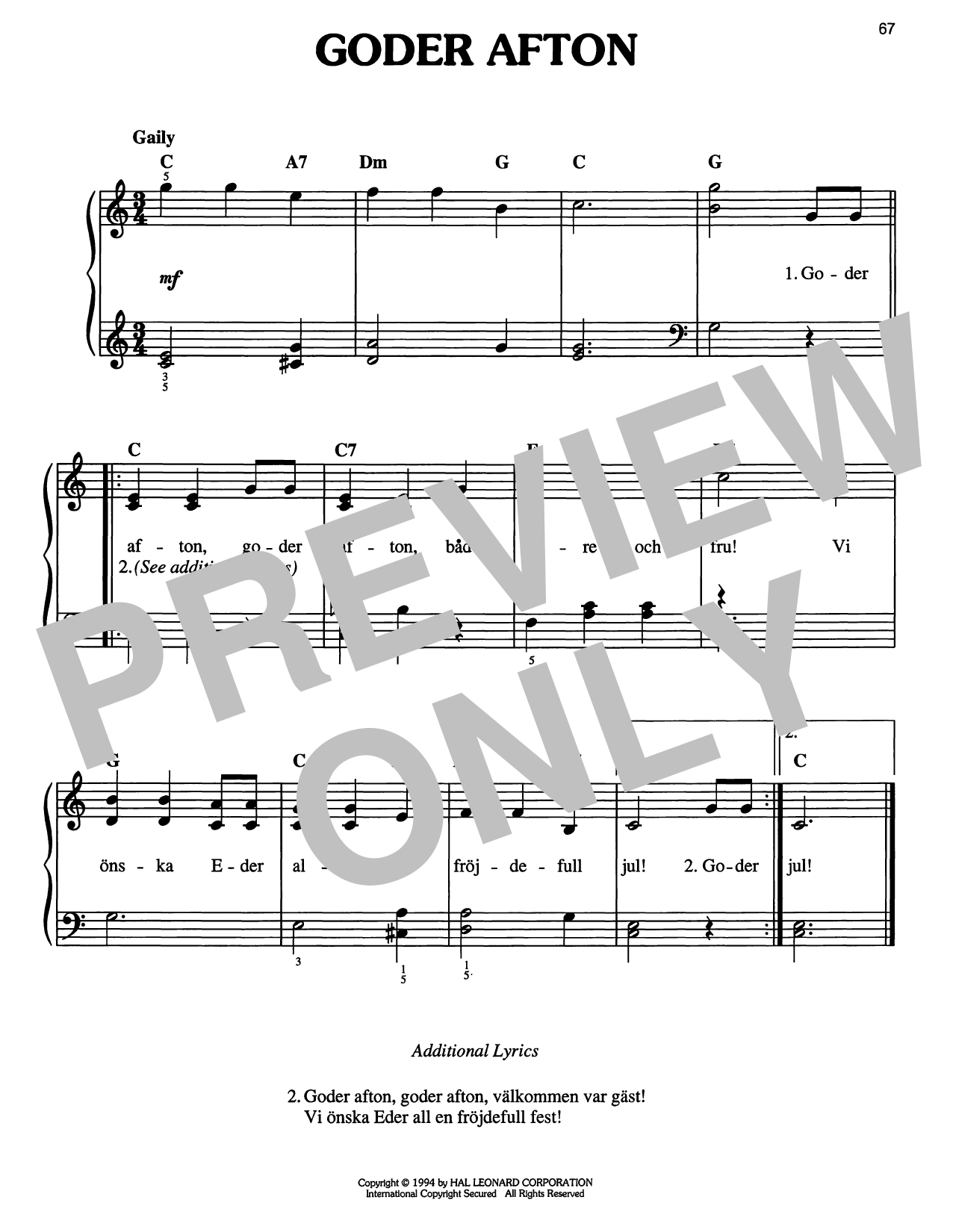 Traditional Carol Goder Afton sheet music notes and chords arranged for Easy Piano