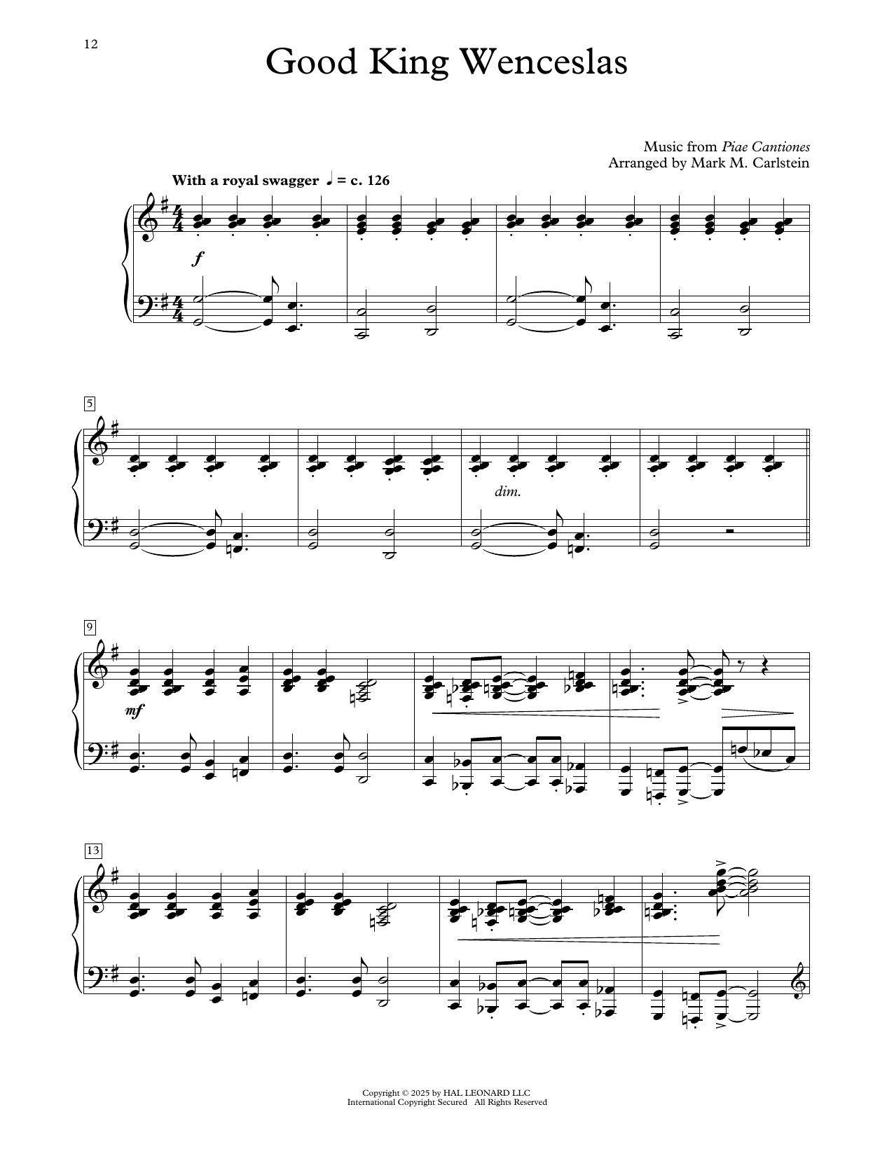Traditional Carol Good King Wenceslas (arr. Mark Carlstein) sheet music notes and chords arranged for Educational Piano