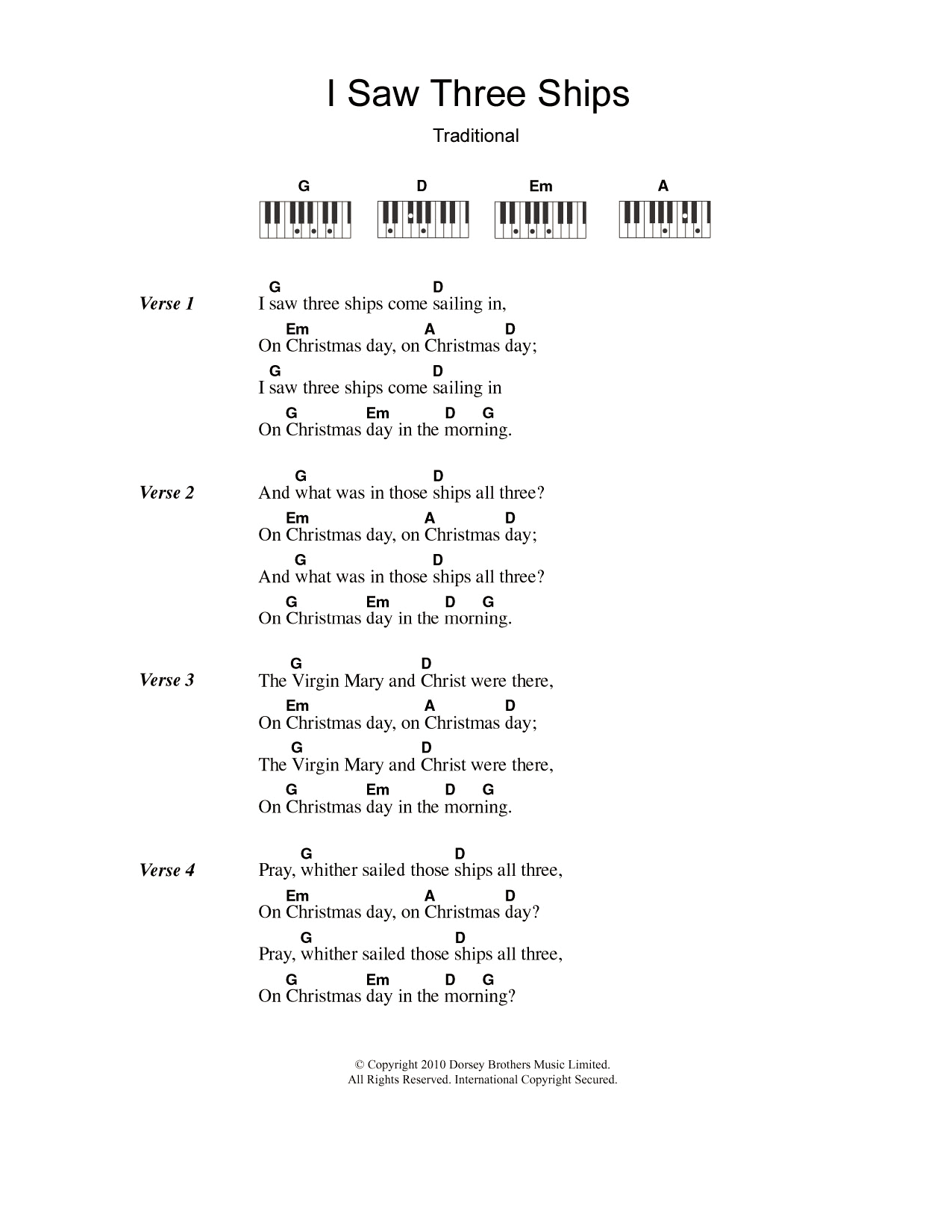 Traditional Carol I Saw Three Ships sheet music notes and chords arranged for Piano, Vocal & Guitar Chords