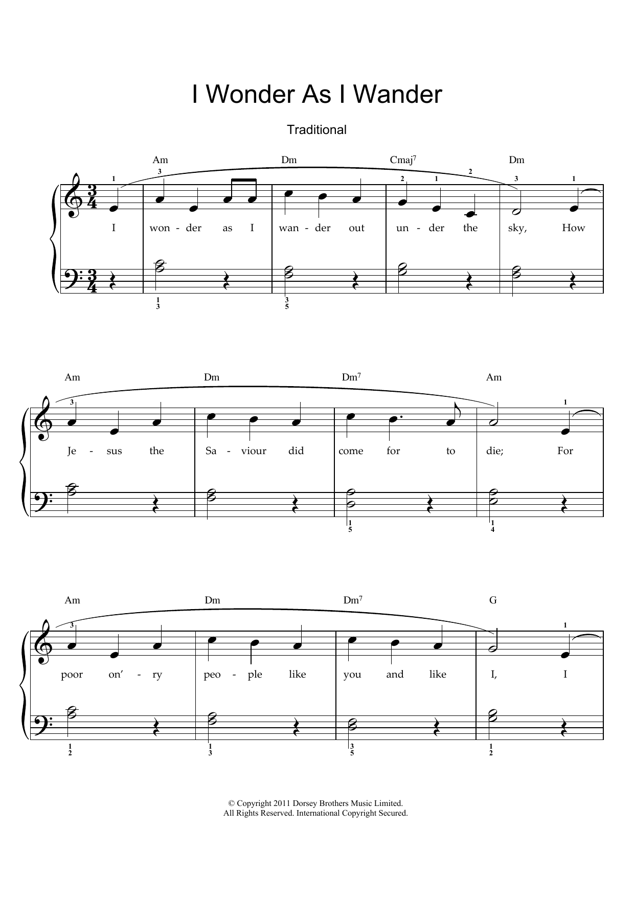 Traditional Carol I Wonder As I Wander sheet music notes and chords arranged for Piano & Vocal