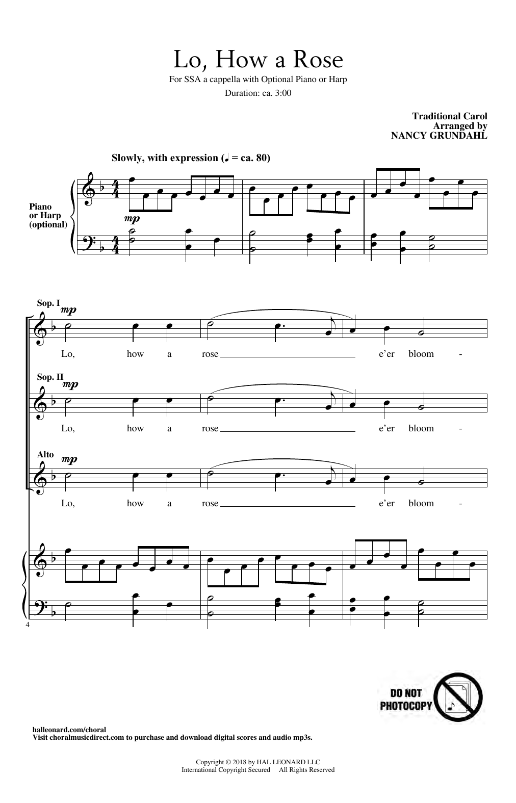 Traditional Carol Lo, How A Rose (arr. Nancy Grundahl) sheet music notes and chords arranged for SSA Choir