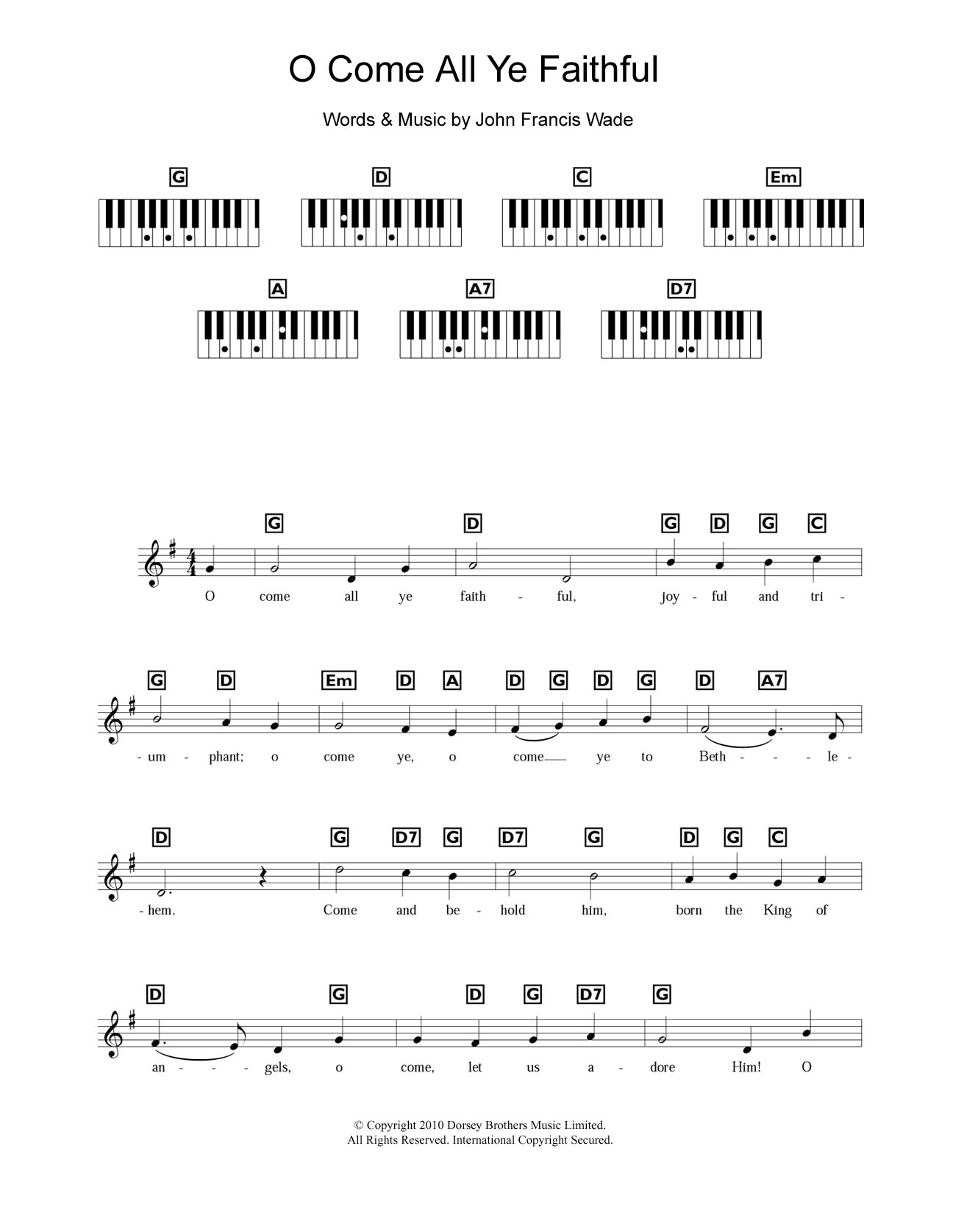 Traditional Carol O Come All Ye Faithful sheet music notes and chords arranged for Piano Chords/Lyrics