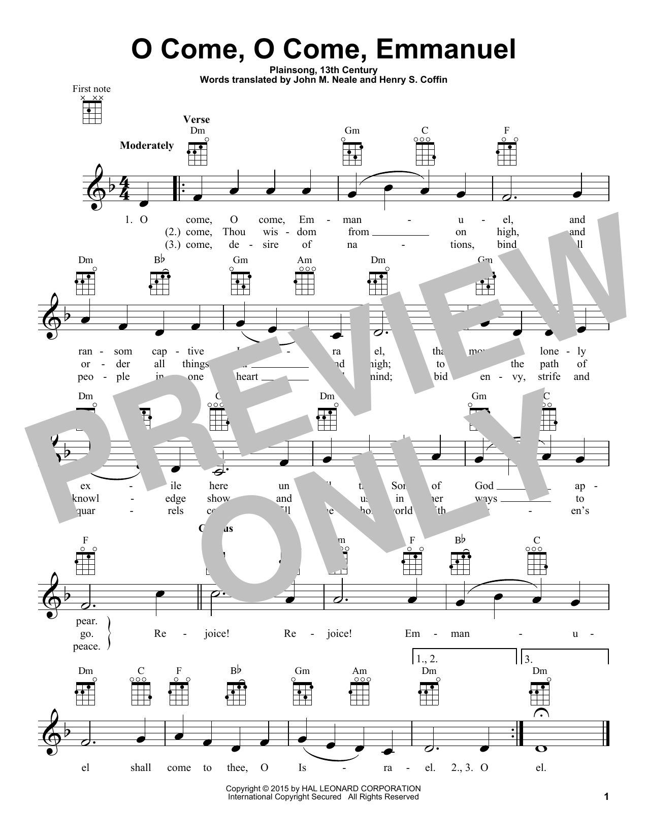 Traditional Carol O Come, O Come Immanuel sheet music notes and chords arranged for Ukulele