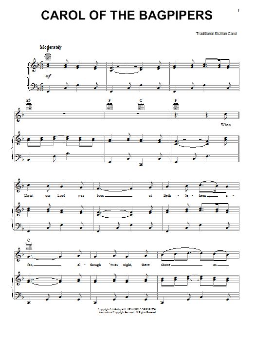 Traditional Carol Of The Bagpipers sheet music notes and chords arranged for Piano, Vocal & Guitar Chords (Right-Hand Melody)