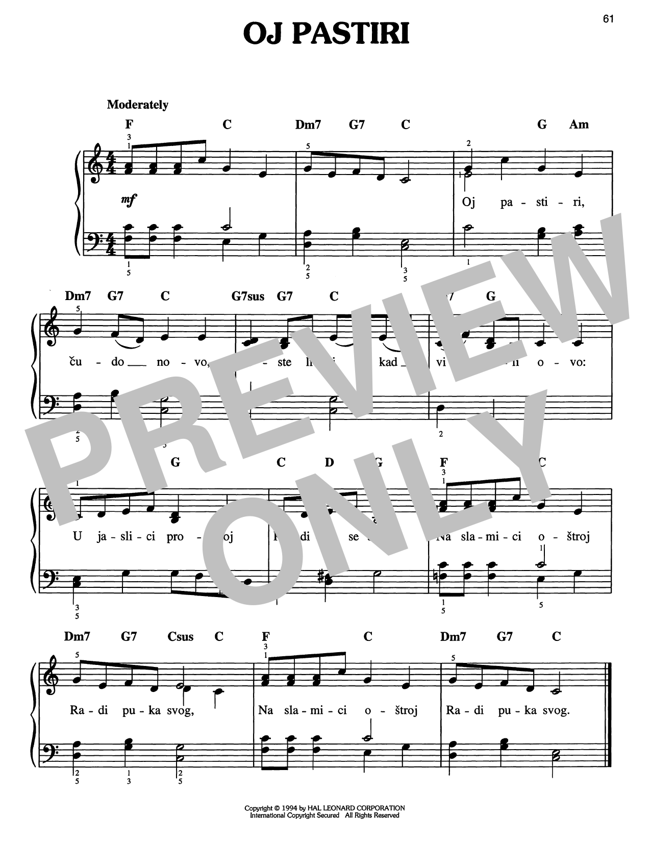 Traditional Carol Oj Pastiri sheet music notes and chords arranged for Easy Piano