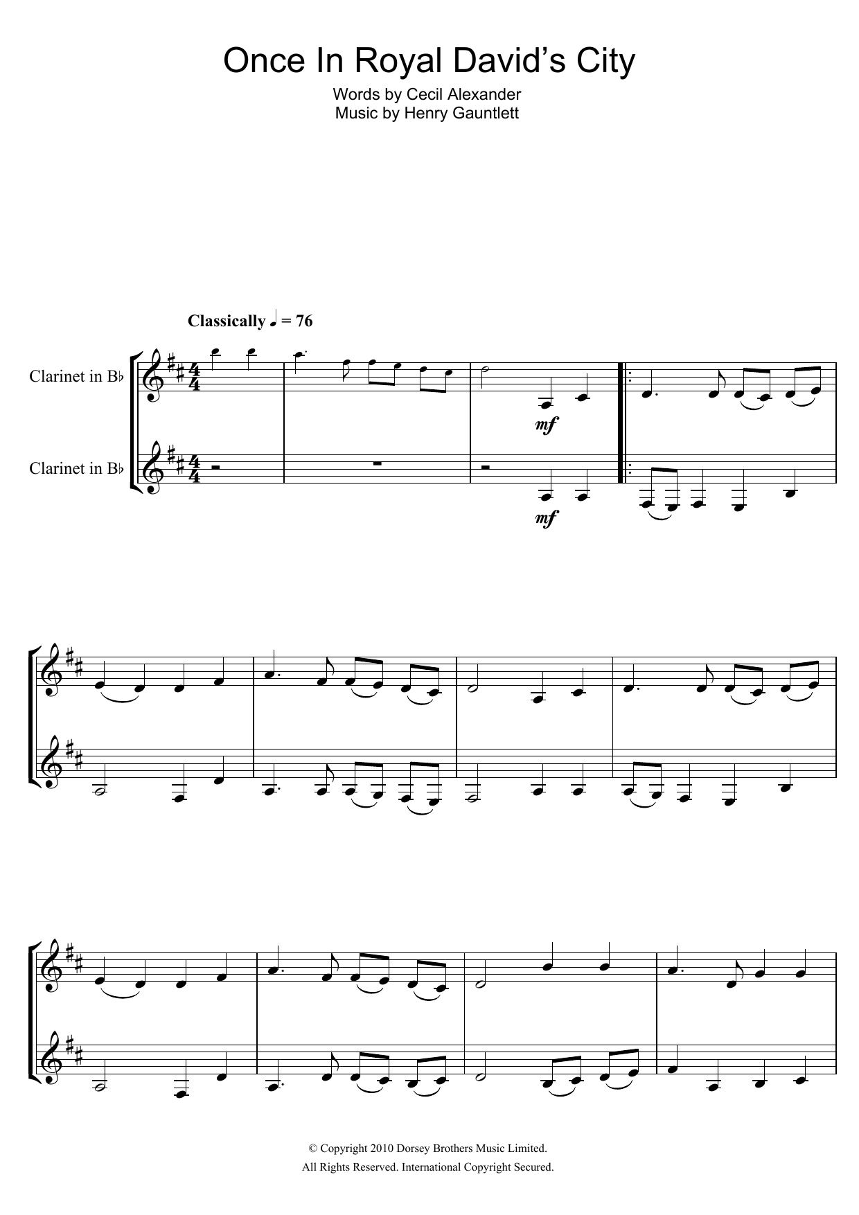 Traditional Carol Once In Royal David's City sheet music notes and chords arranged for Clarinet Duet