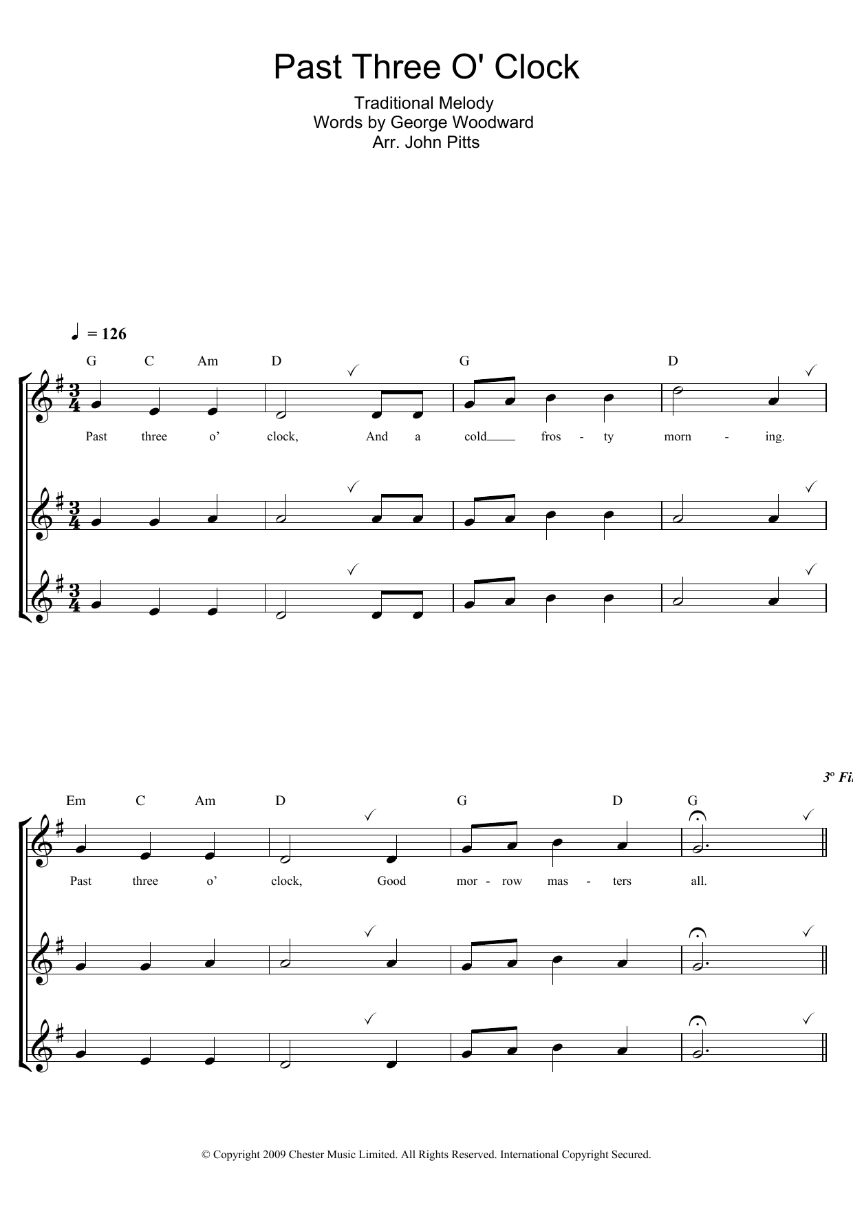 Christmas Carol Past Three O'Clock sheet music notes and chords arranged for Recorder Solo