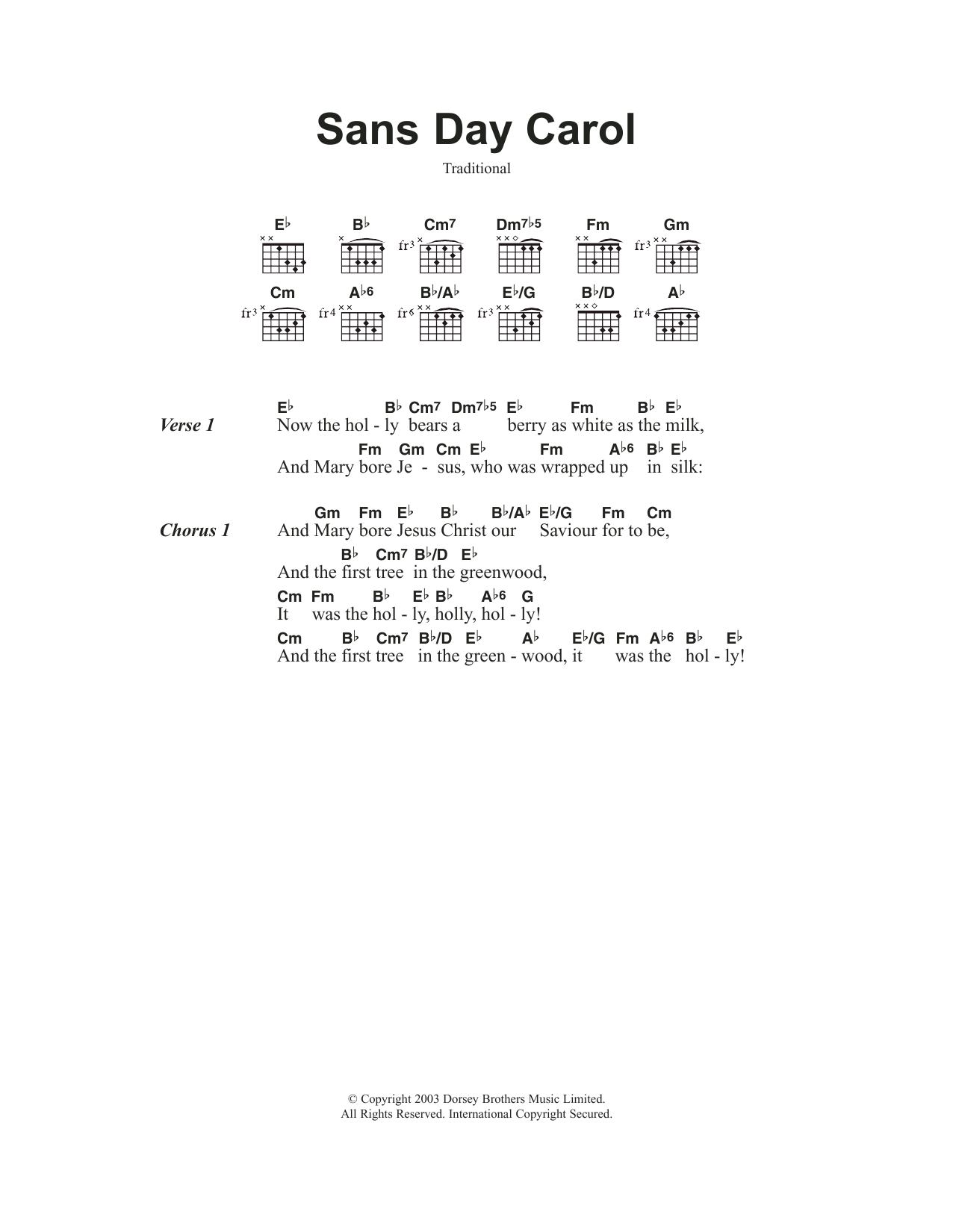 Traditional Carol Sans Day Carol sheet music notes and chords arranged for Guitar Chords/Lyrics