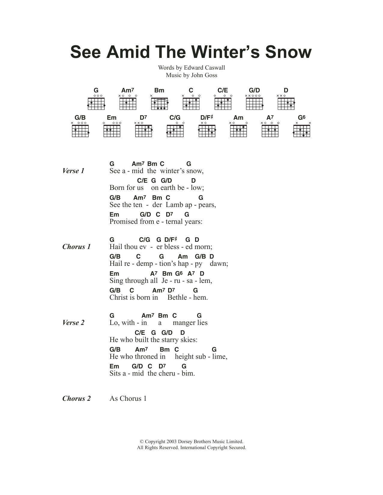 Traditional Carol See Amid The Winter's Snow sheet music notes and chords arranged for Guitar Chords/Lyrics