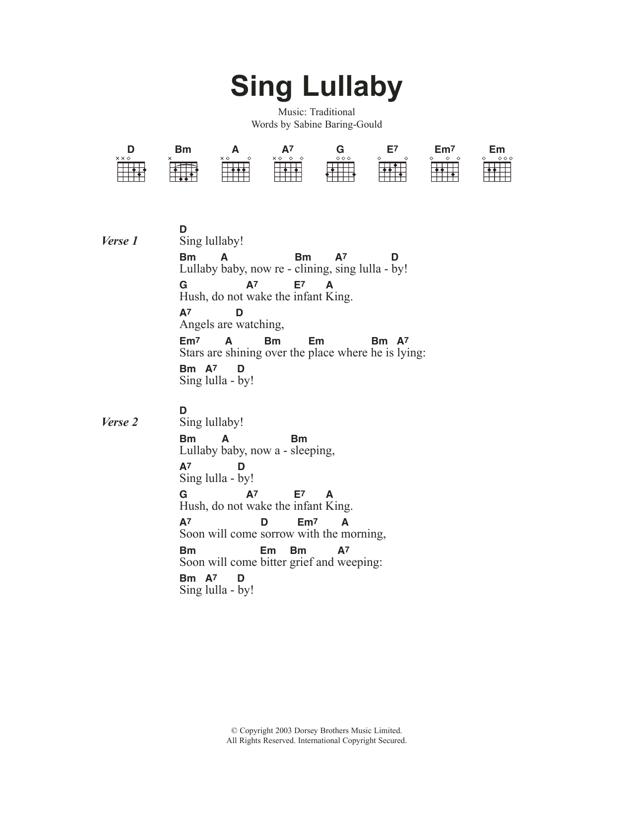 Traditional Carol Sing Lullaby sheet music notes and chords arranged for Guitar Chords/Lyrics