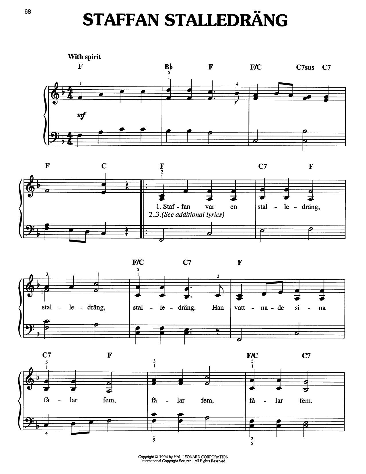 Traditional Carol Staffan Stalledrang sheet music notes and chords arranged for Easy Piano