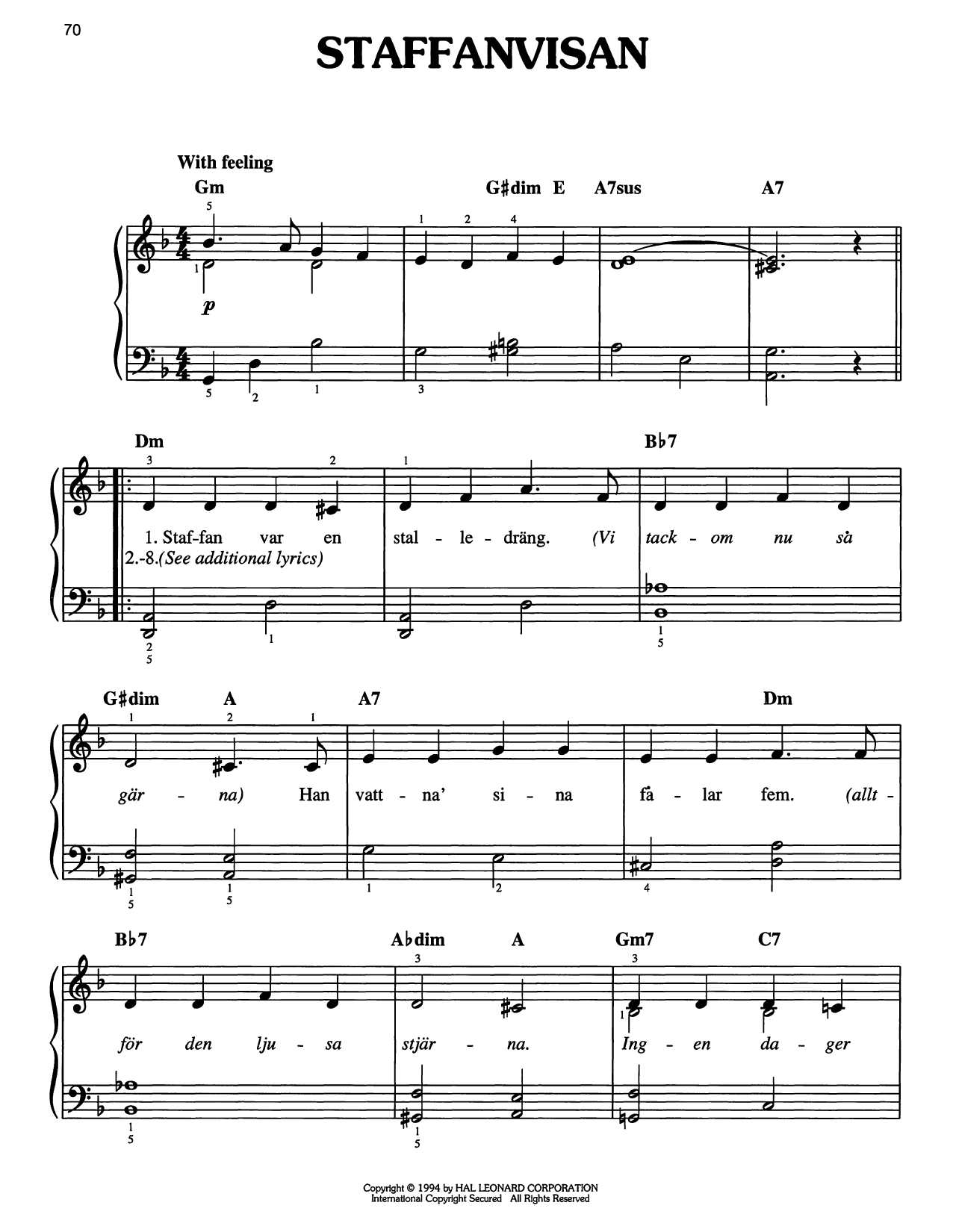 Traditional Carol Staffanvisan sheet music notes and chords arranged for Easy Piano