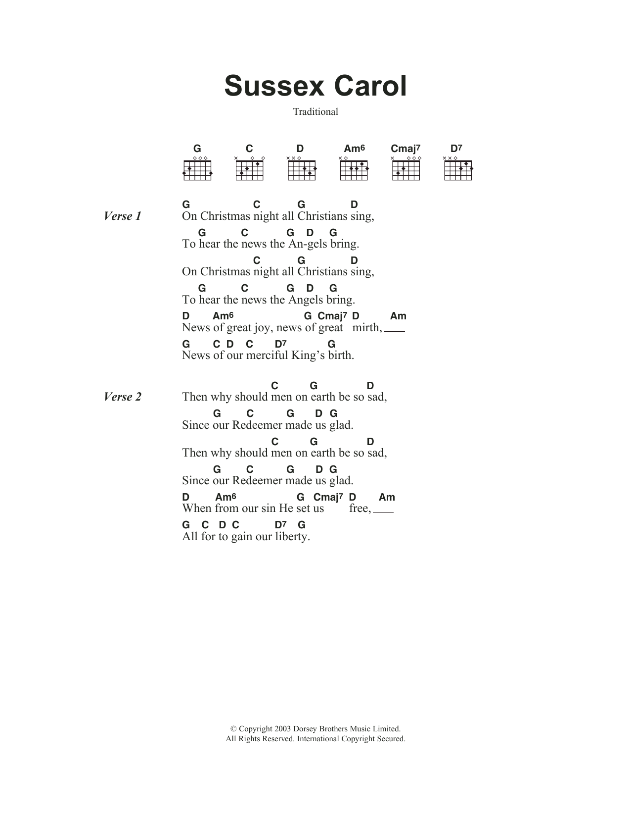 Traditional Carol Sussex Carol sheet music notes and chords arranged for Guitar Chords/Lyrics