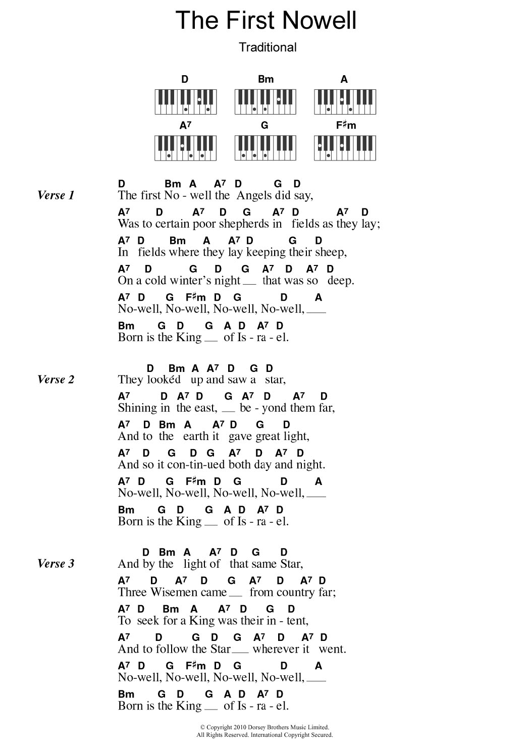 Traditional Carol The First Nowell sheet music notes and chords arranged for Piano, Vocal & Guitar Chords