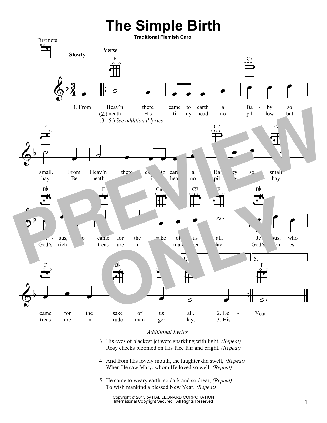 Traditional Carol The Simple Birth sheet music notes and chords arranged for Ukulele