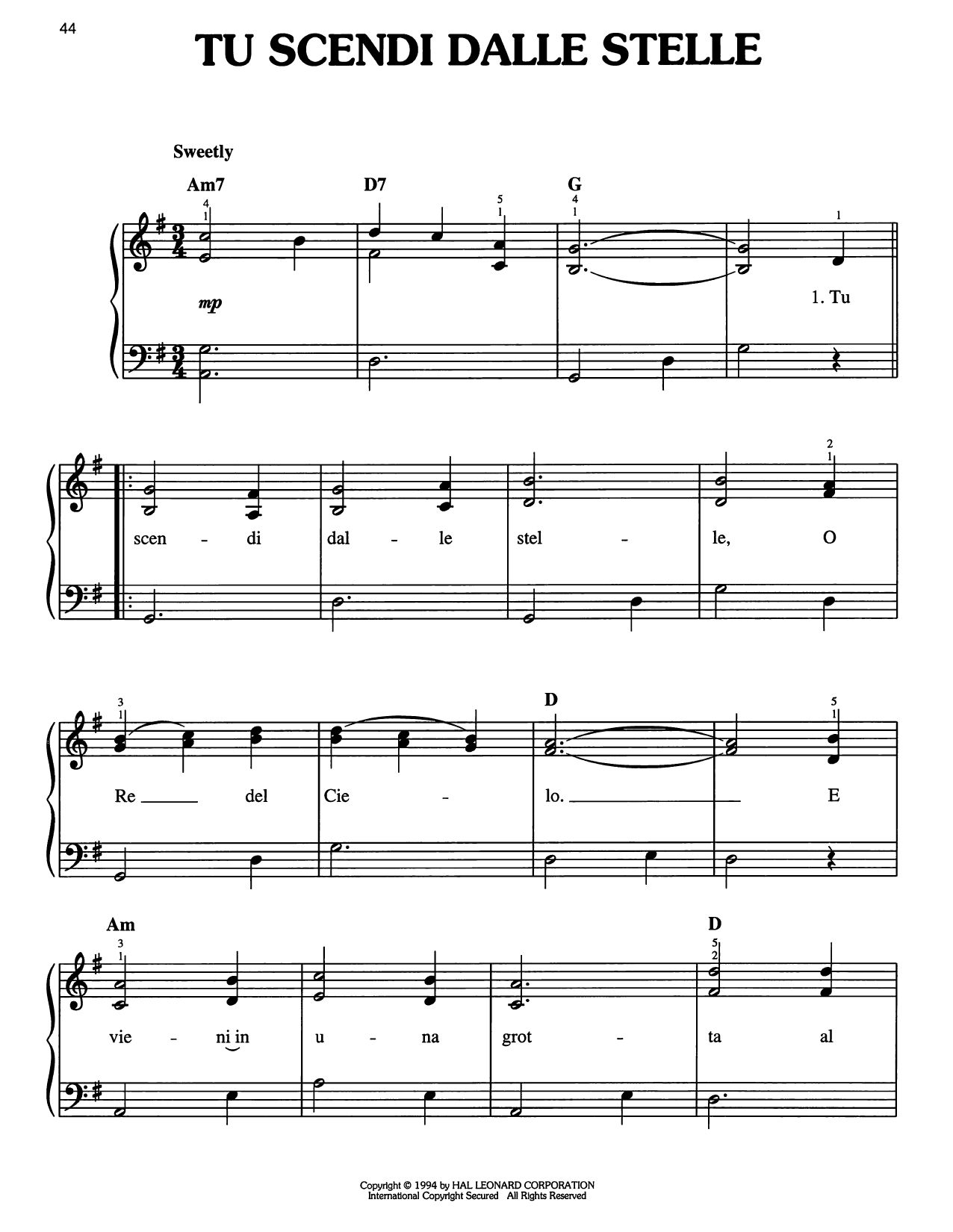 Traditional Carol Tu Scendi Dalle Stelle sheet music notes and chords arranged for Easy Piano