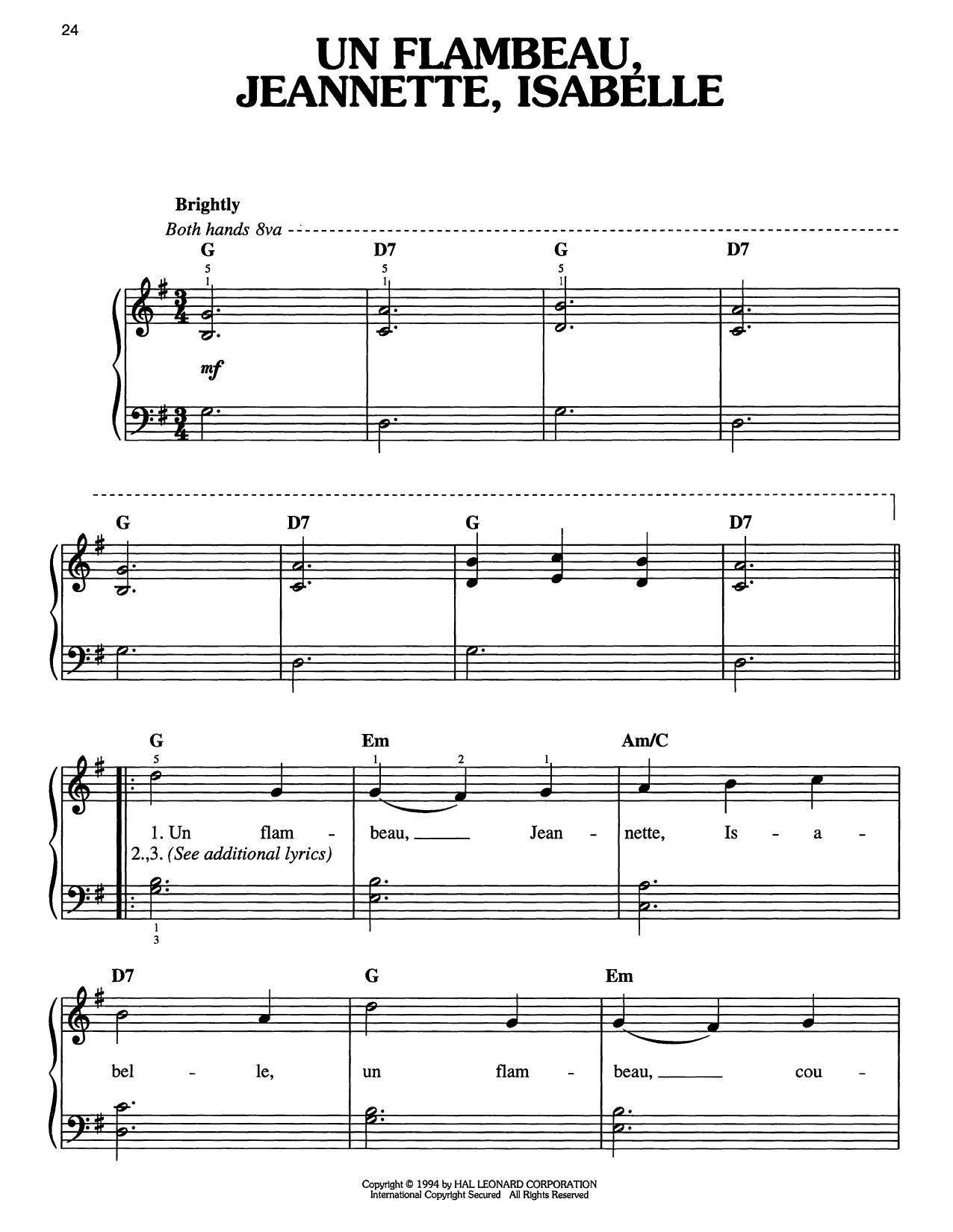 Traditional Carol Un Flambeau, Jeanette, Isabelle sheet music notes and chords arranged for Easy Piano