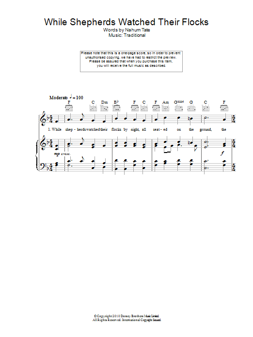 Traditional Carol While Shepherds Watched Their Flocks sheet music notes and chords arranged for Piano Chords/Lyrics