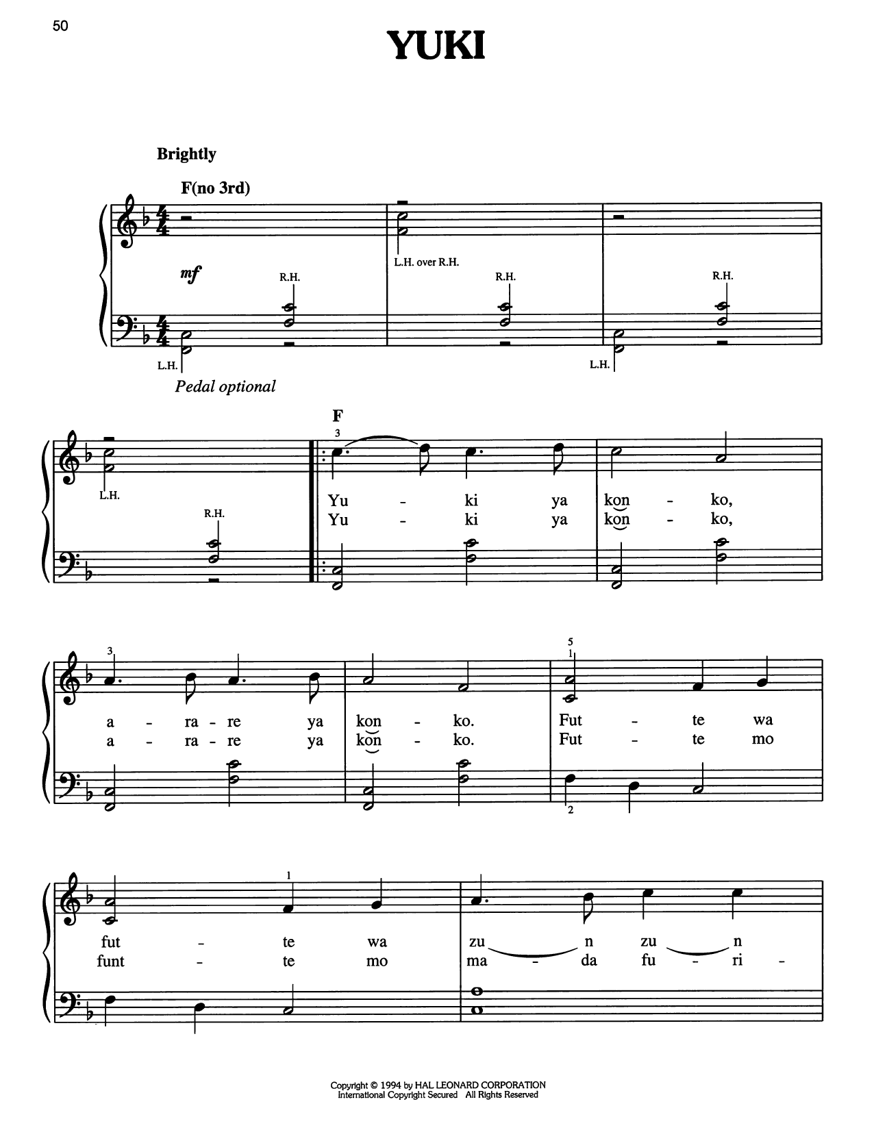 Traditional Carol Yuki sheet music notes and chords arranged for Easy Piano