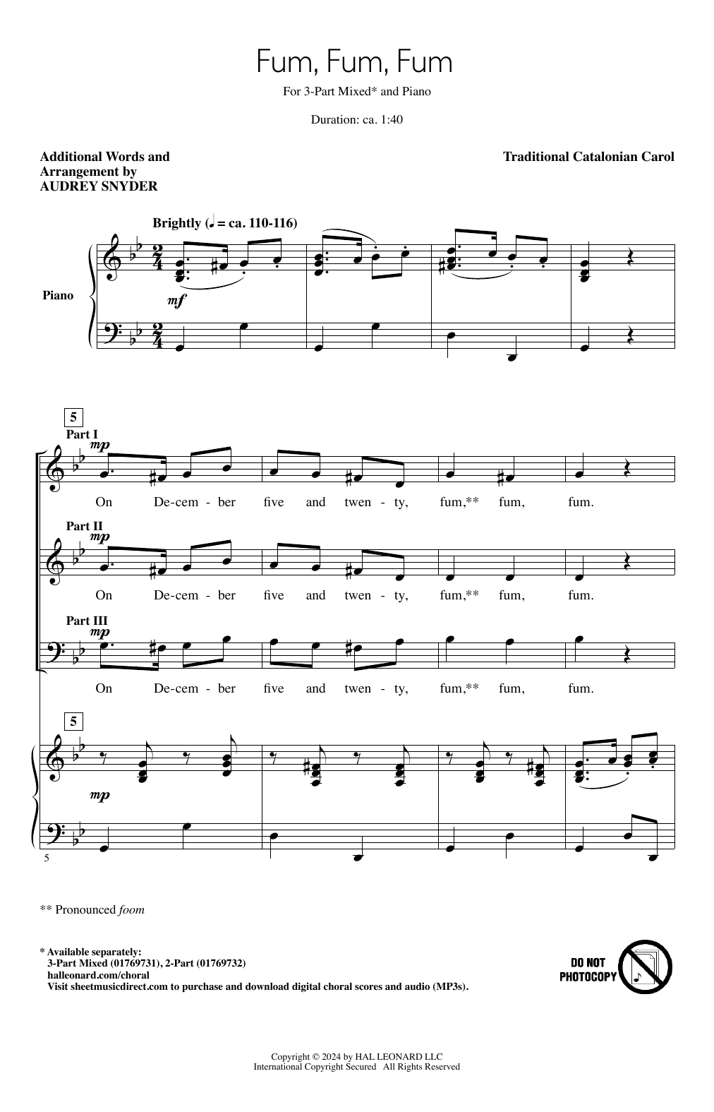 Traditional Catalonian Carol Fum, Fum, Fum (arr. Audrey Snyder) sheet music notes and chords arranged for 2-Part Choir