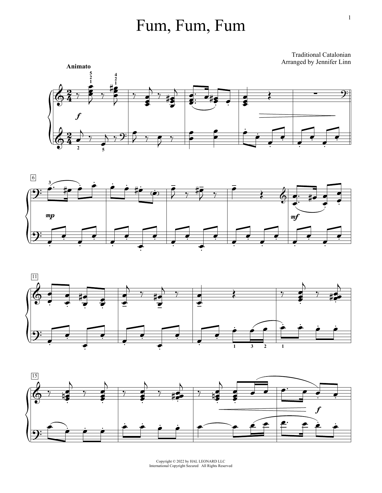 Traditional Catalonian Fum, Fum, Fum (arr. Jennifer Linn) sheet music notes and chords arranged for Educational Piano