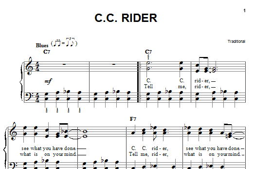 Traditional C.C. Rider sheet music notes and chords arranged for Easy Piano