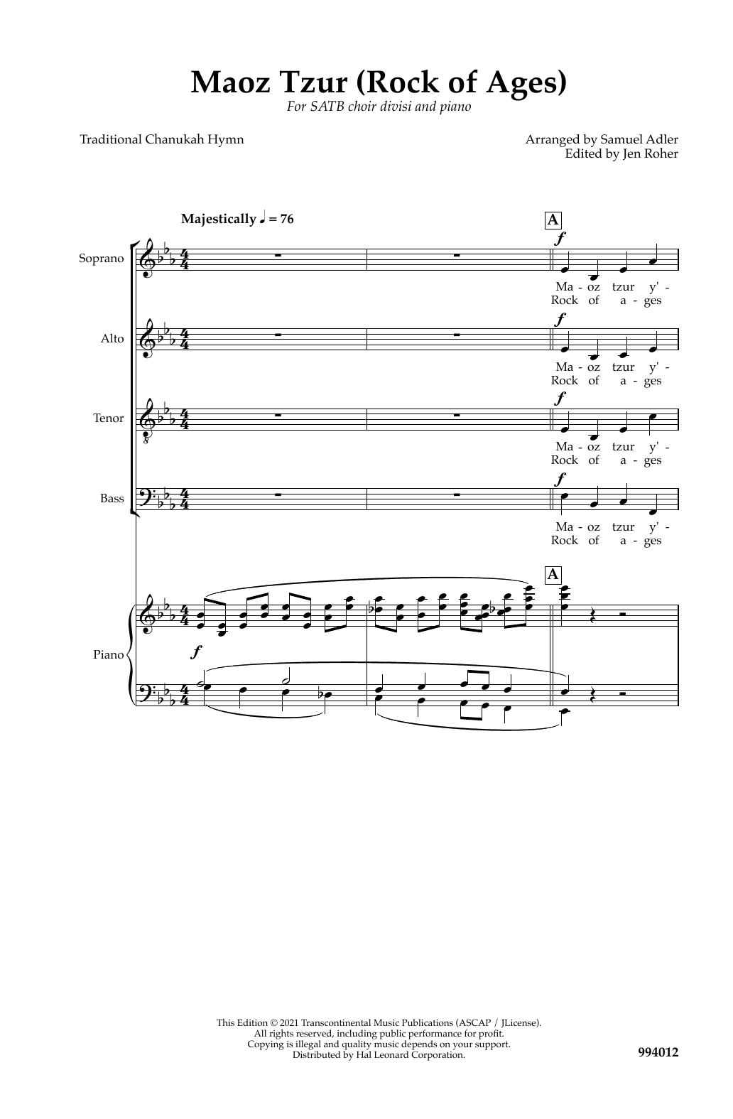 Traditional Chanukah Hymn Maoz Tzur (Rock Of Ages) (arr. Samuel Adler) sheet music notes and chords arranged for SATB Choir