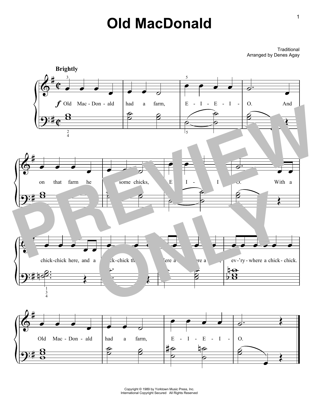 Traditional Children's Song Old MacDonald (arr. Denes Agay) sheet music notes and chords arranged for Easy Piano