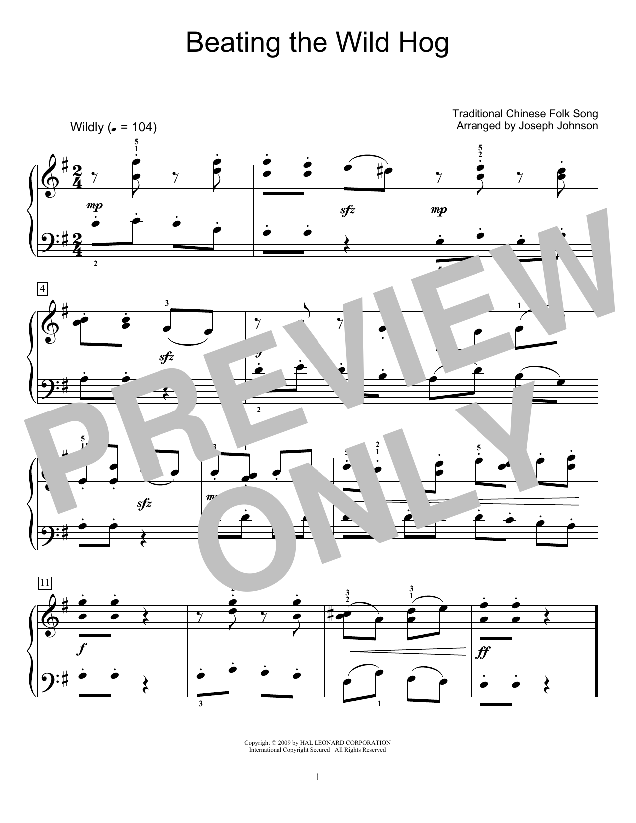 Traditional Chinese Folk Song Beating The Wild Hog (arr. Joseph Johnson) sheet music notes and chords arranged for Educational Piano